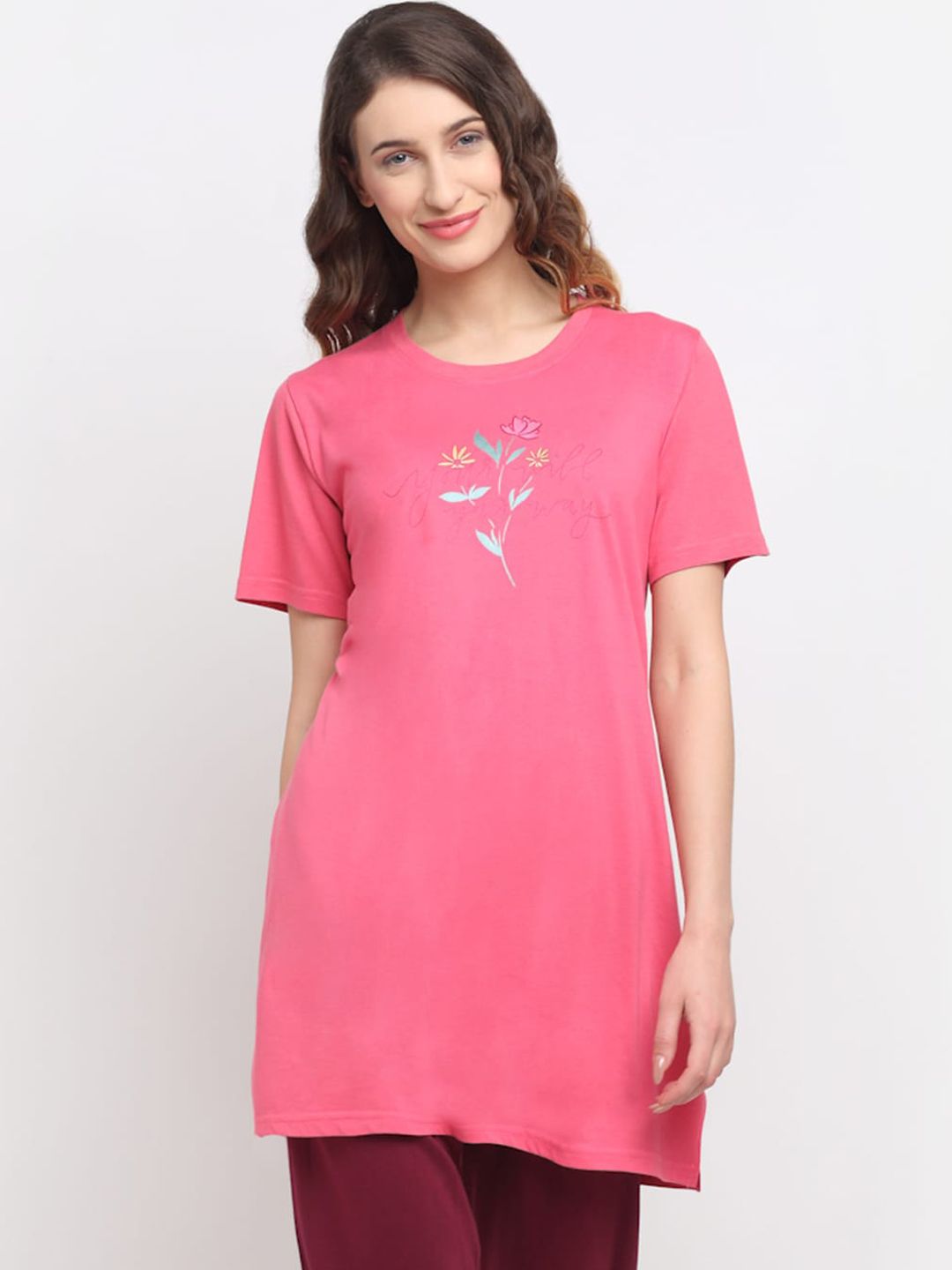 Kanvin Women Pink Printed Longline Lounge Tshirts Price in India