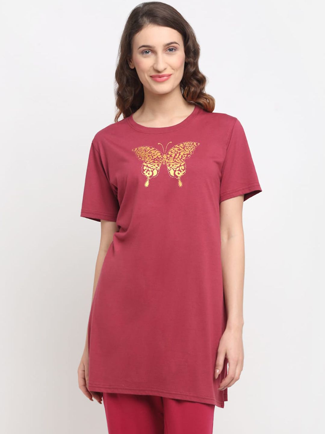 Kanvin Women Maroon Printed Longline Lounge T-shirt Price in India