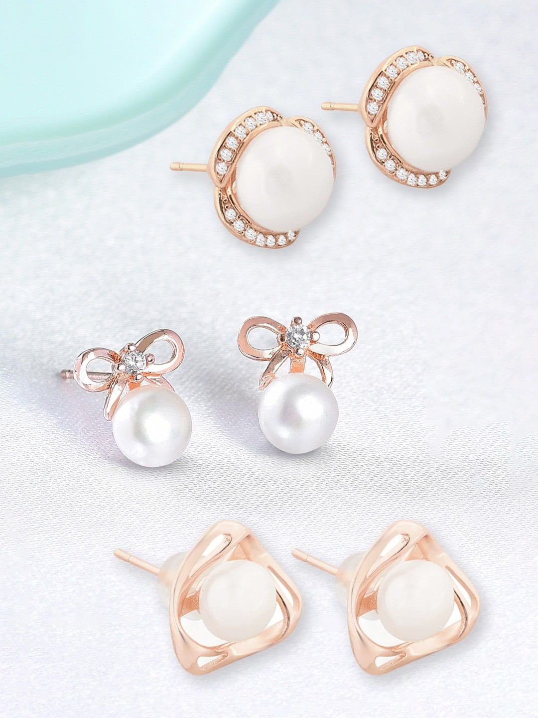 Zaveri Pearls Rose Gold-Plated & White Set of 3 Contemporary Studs Earrings Price in India