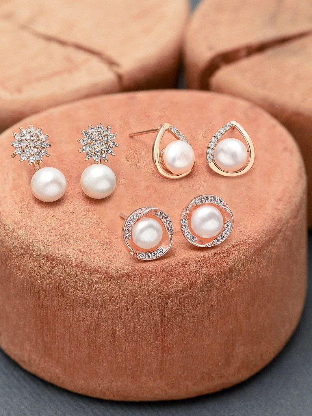 Zaveri Pearls Set of 3 Rose Gold Plated & White Circular Studs Price in India