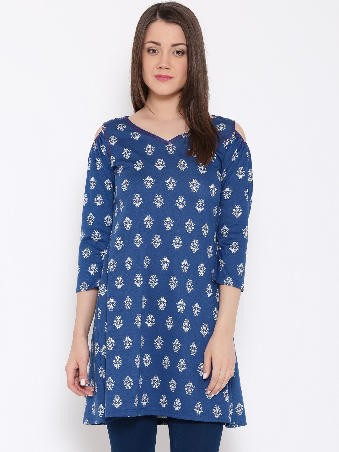 Global Desi Blue & White Printed A-Line Tunic Price in India