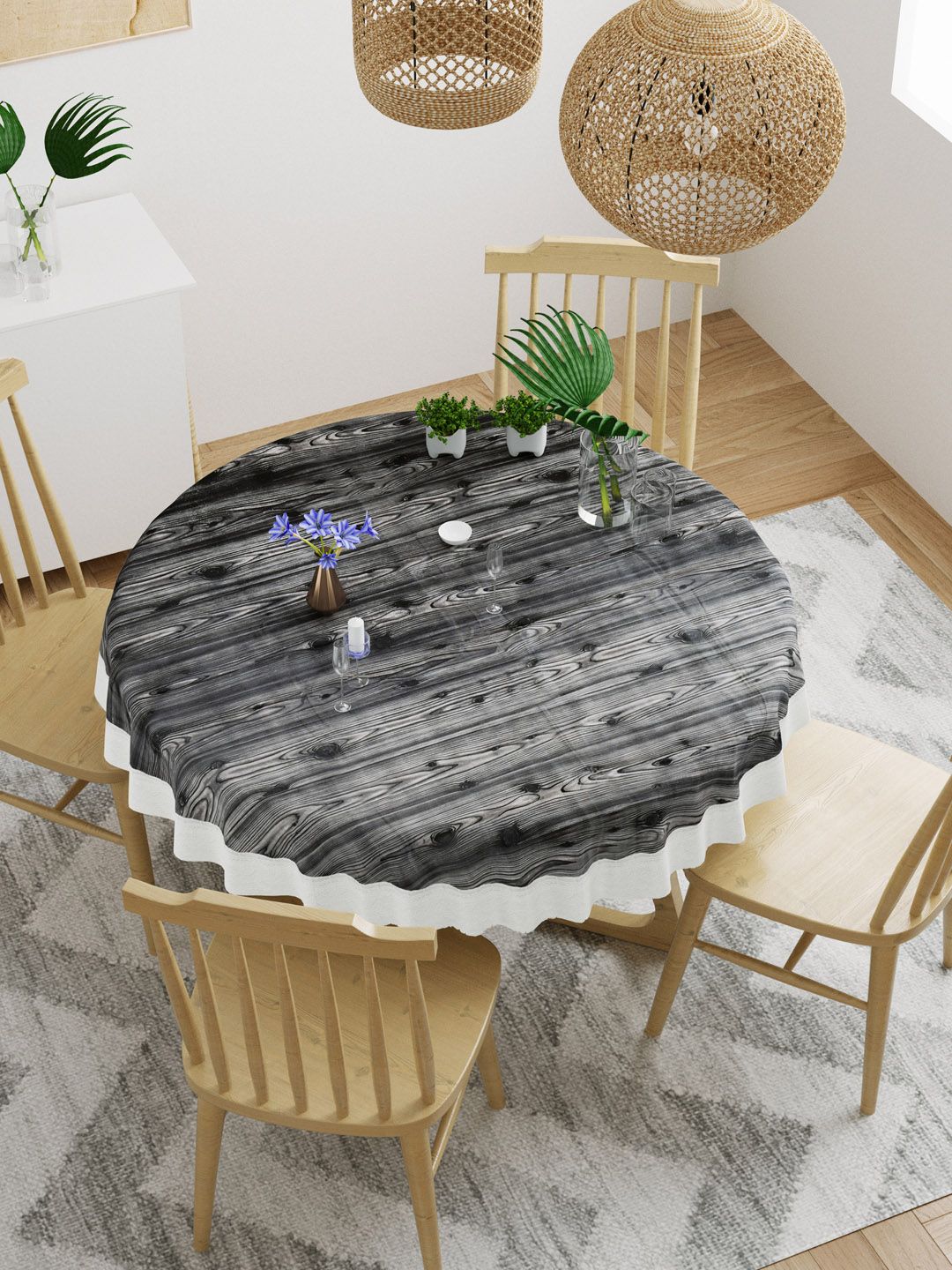 DREAM WEAVERZ Black & Grey Printed 4-Seater Round Dining Table Cover Price in India