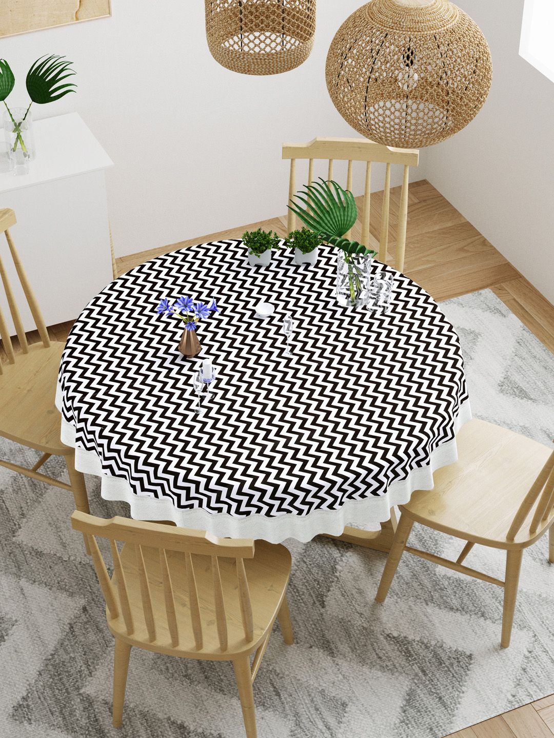 DREAM WEAVERZ Black & White Chevron Printed 4-Seater Table Cover Price in India