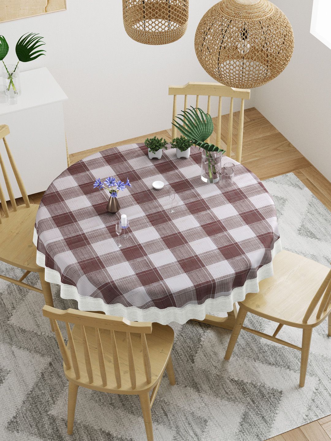 DREAM WEAVERZ Cream & Maroon Checked Round Dining Table Cover Price in India