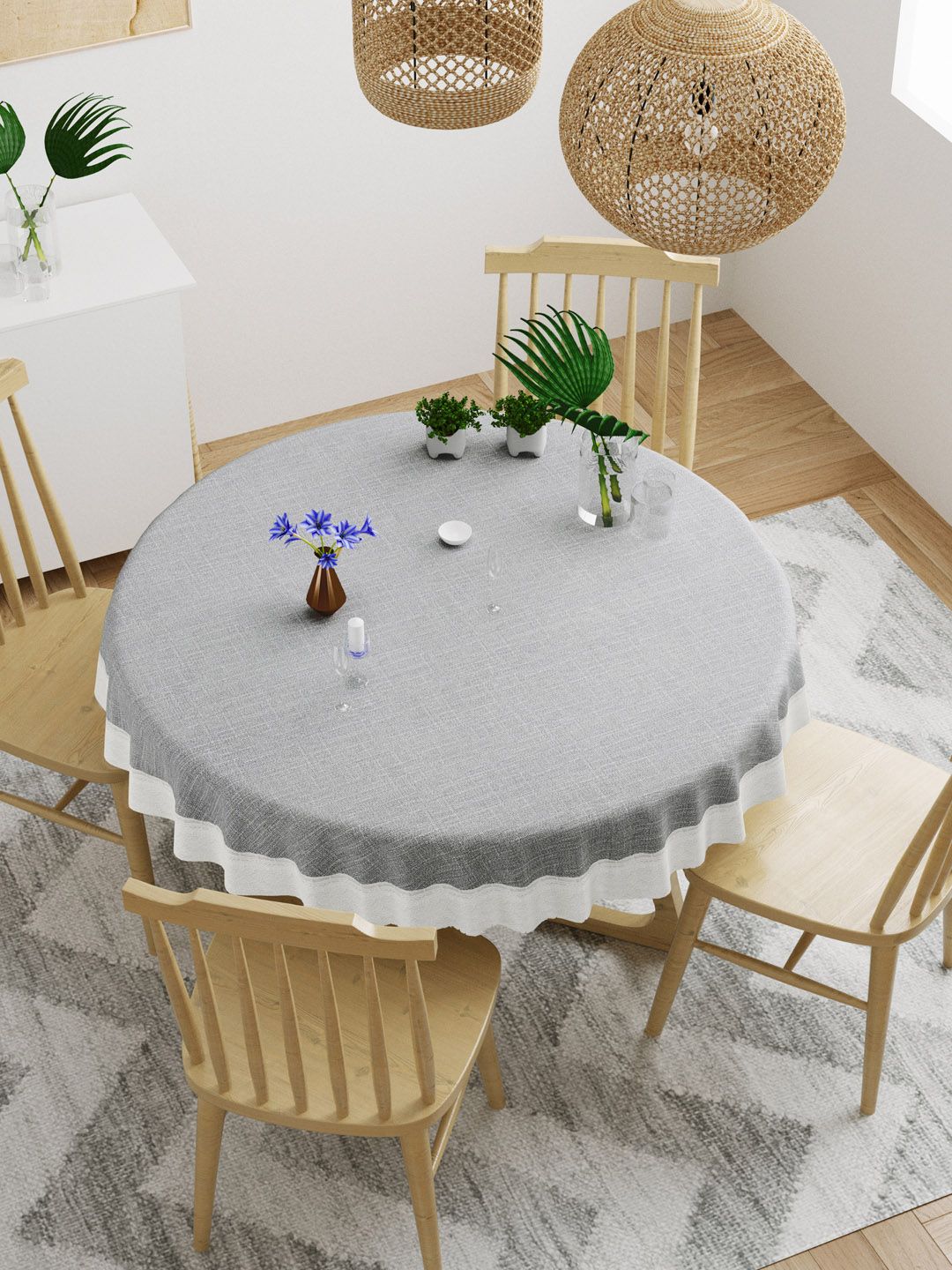 DREAM WEAVERZ Grey & White Solid 4-Seater Table Cover Price in India