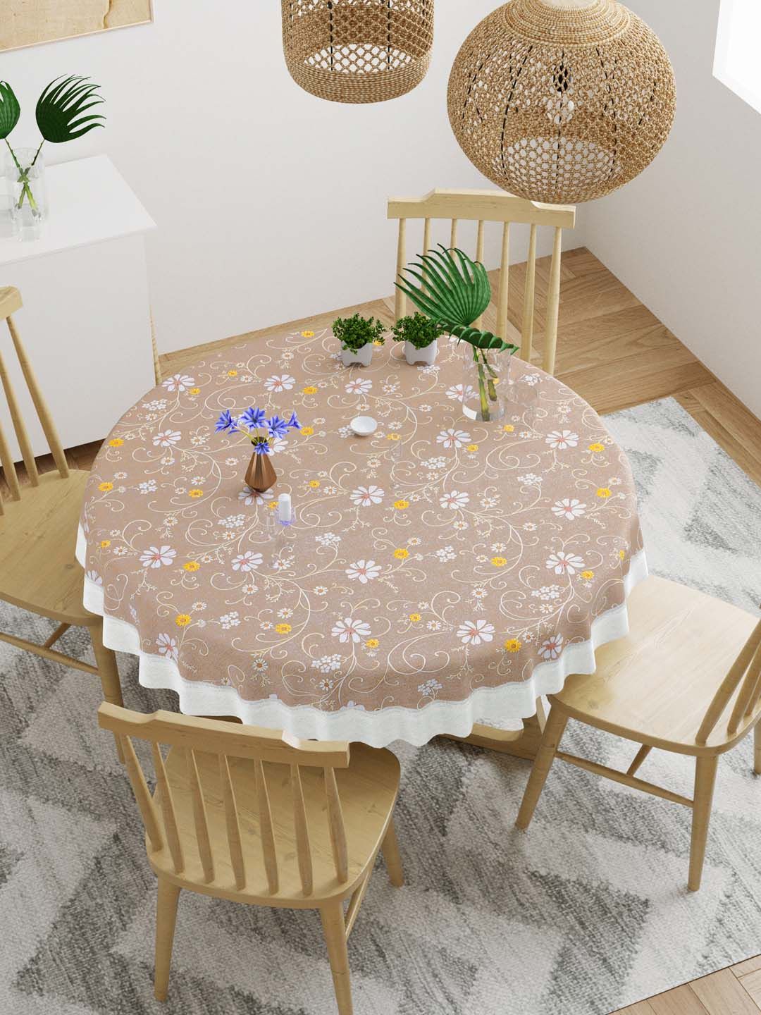 DREAM WEAVERZ Beige & White Floral PVC 4 Seater Round Dining Table Cover Price in India
