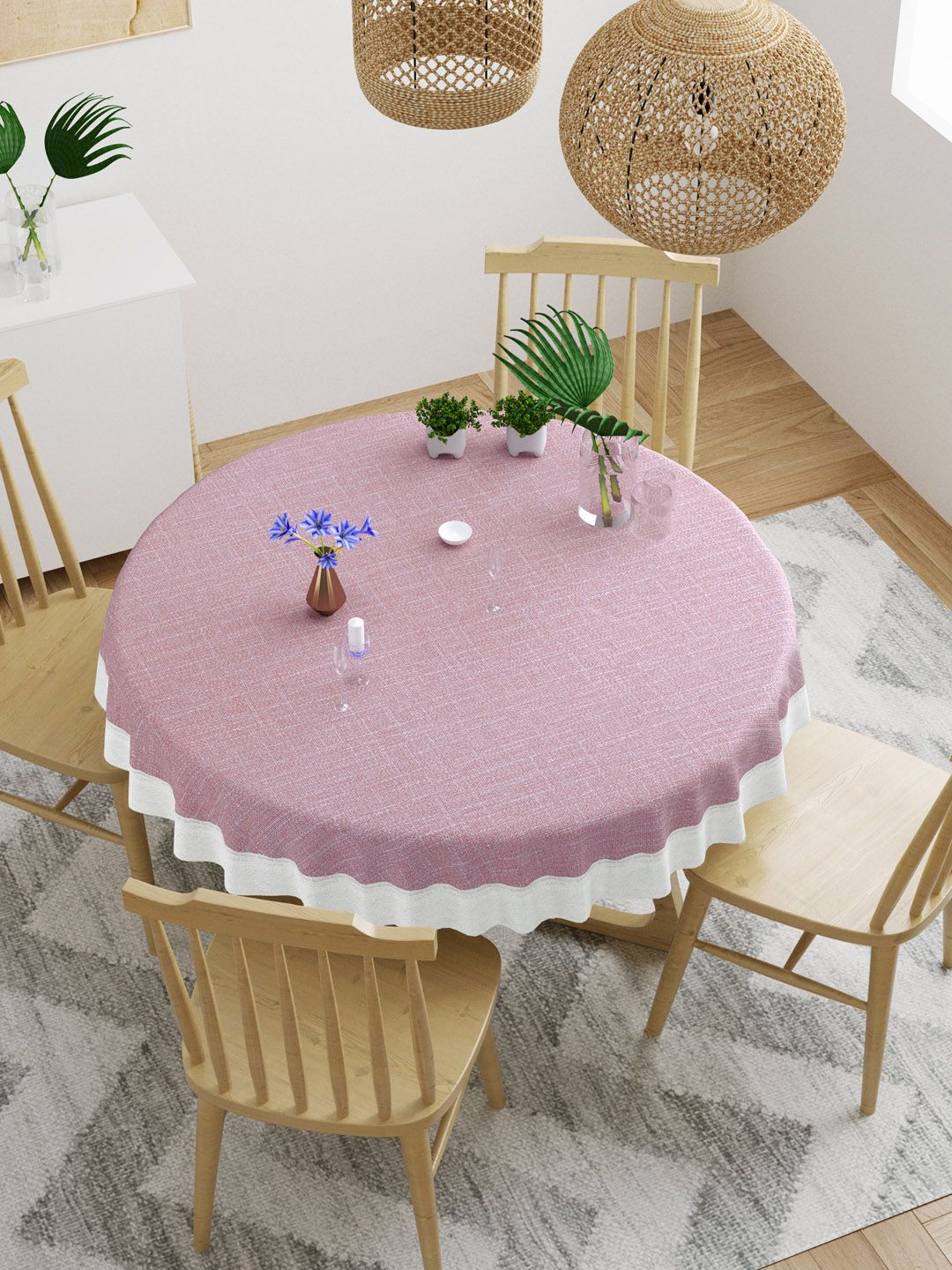 DREAM WEAVERZ Pink & White Solid Round Table Cover Price in India