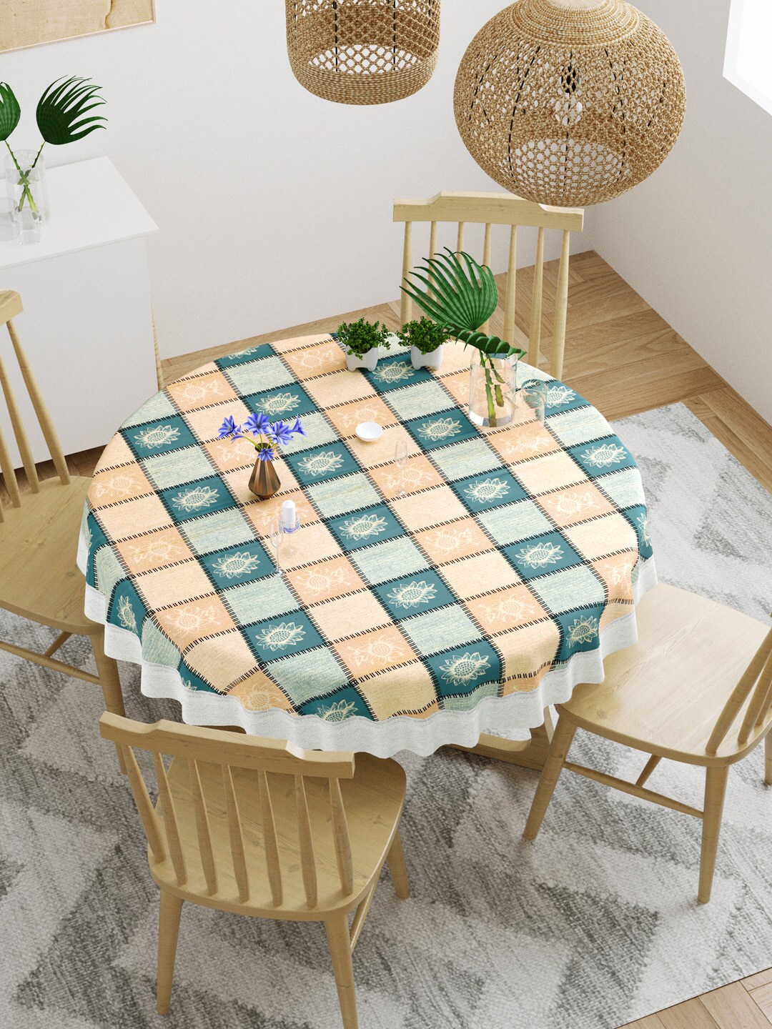 DREAM WEAVERZ Blue & Peach Colored Floral Printed 4 Seater Round Dining Table Cover Price in India