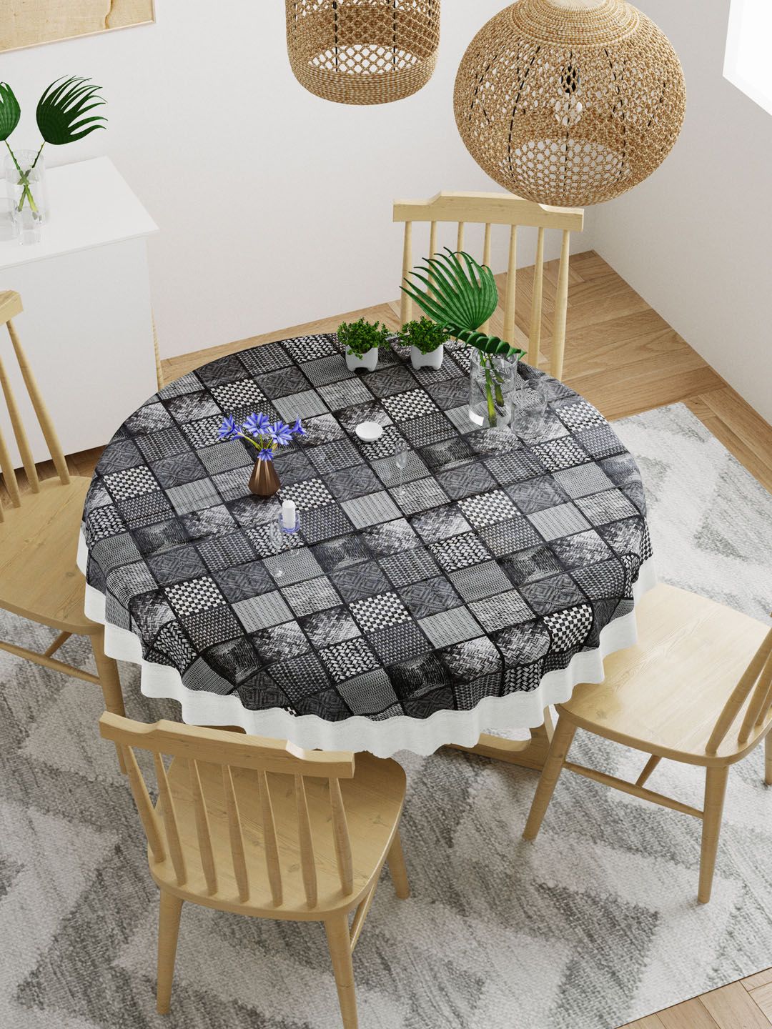 DREAM WEAVERZ Black Wooden Jute Finish 4 Seater Round Dining Table Cover Price in India