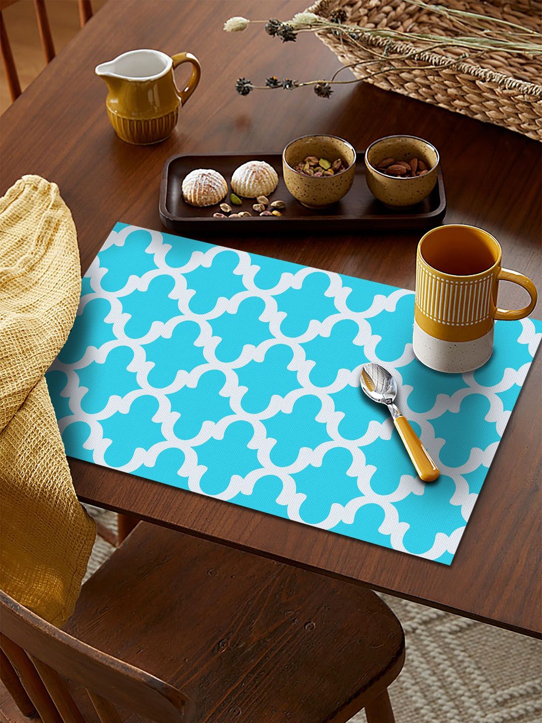 AEROHAVEN Set Of 4 Aqua-Blue Geometric Dining Table Placemats Price in India