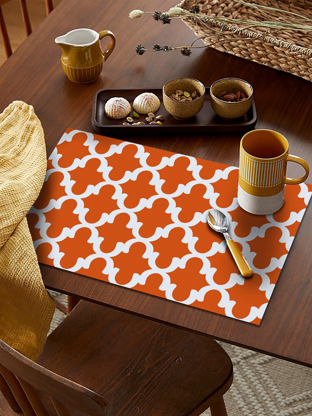 AEROHAVEN Set of 4 Orange Geometric Polycotton Dining Table Placemats Price in India