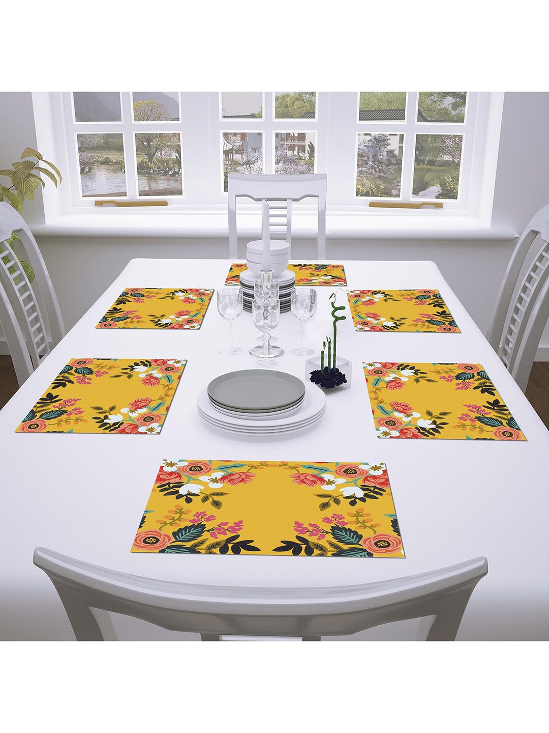 AEROHAVEN Set Of 6 Yellow & Pink Printed Table Placemats Price in India