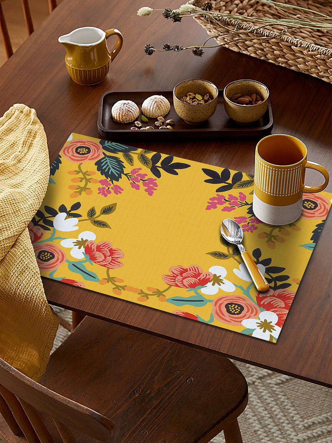 AEROHAVEN Set of 4 Yellow & Pink Floral Textured Table Placemats Price in India