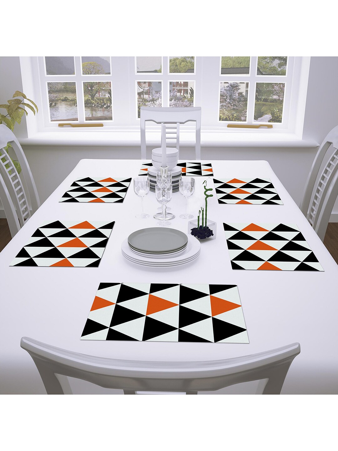 AEROHAVEN Set Of 6 Orange & Black Geometric Polycotton Textured Table Placemats Price in India