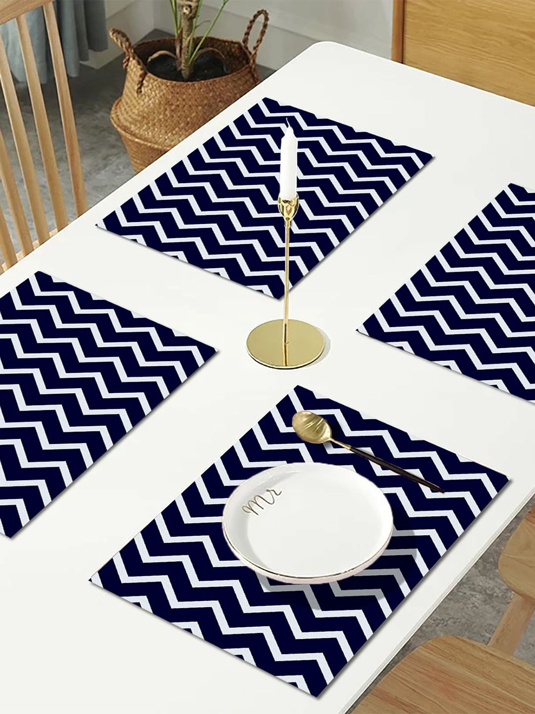 AEROHAVEN Set of 4 Blue & White Striped Textured Table Placemats Price in India