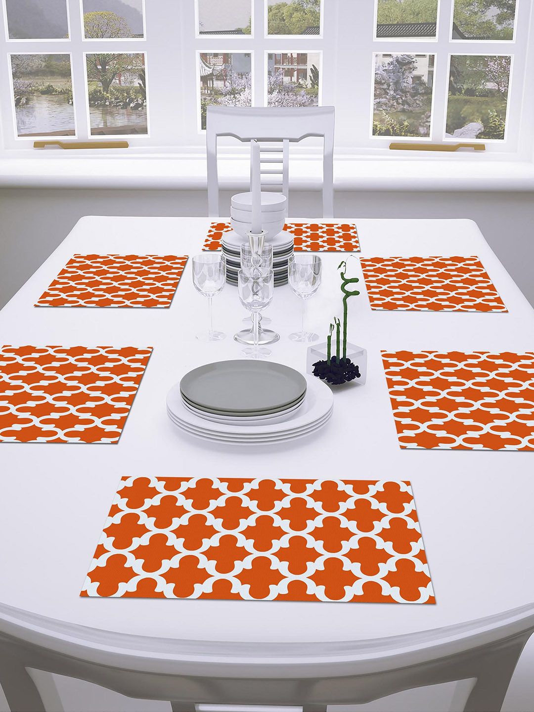 AEROHAVEN Set Of 6 Orange & White Geometric Textured Dining Table Placemats Price in India