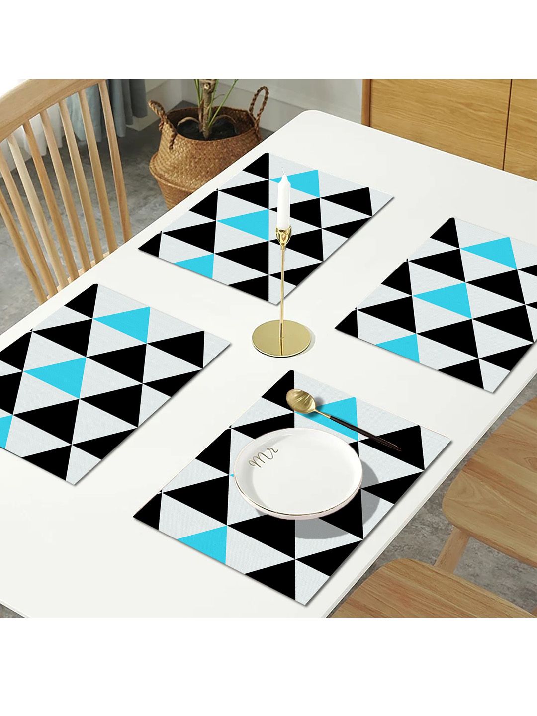 AEROHAVEN Set Of 4 Black & Blue Geometric Printed Table Placemats Price in India