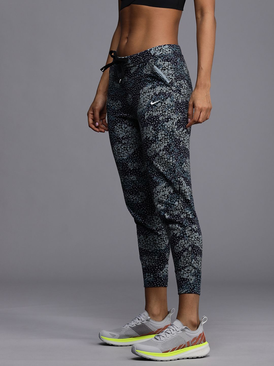 Nike Women Navy Blue & Green Dri-FIT Floral Printed Training Track Pants Price in India