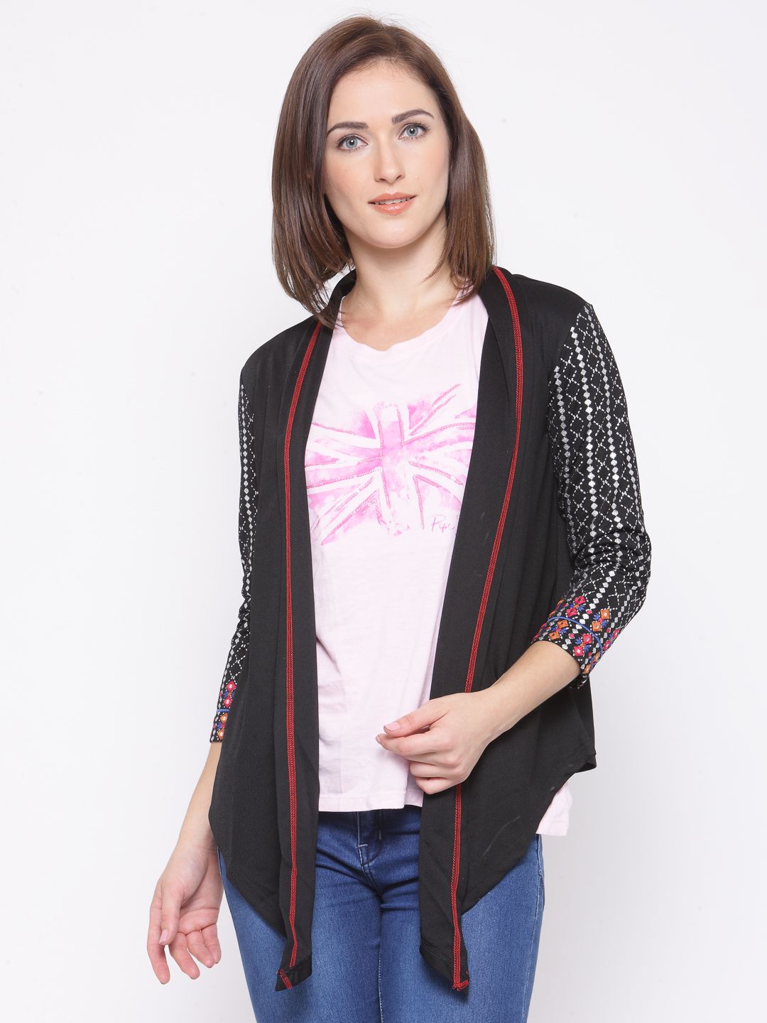 Global Desi Black Printed Sleeve Shrug Price in India