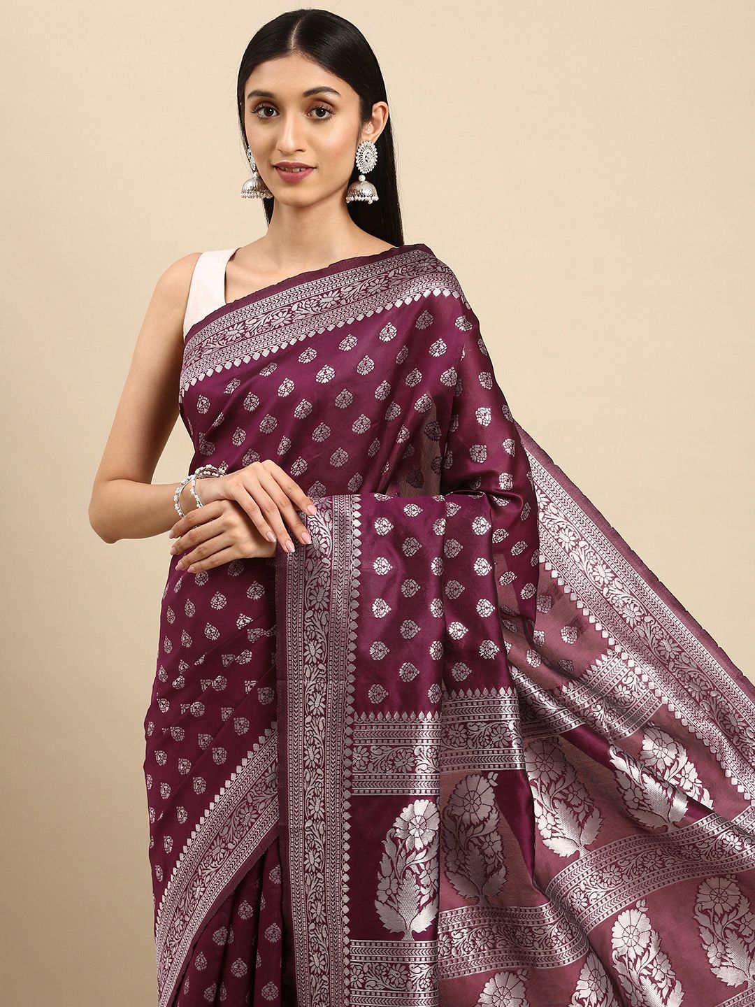 Anouk Magenta & Silver-Coloured Ethnic Motifs Silk Blend Kanjeevaram Saree