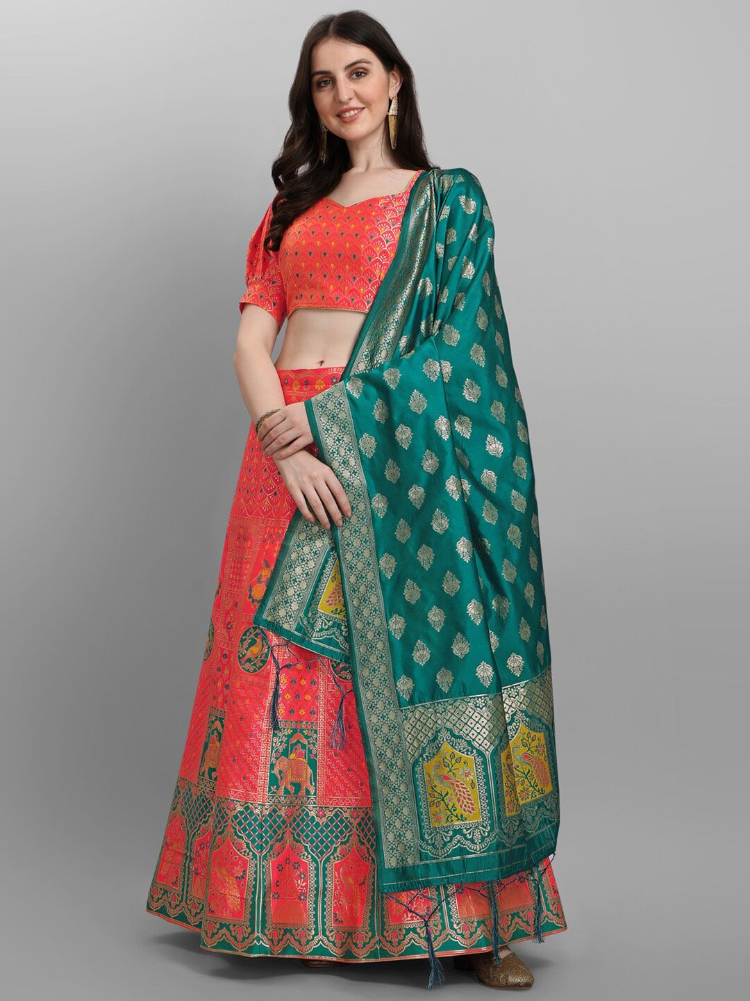 JATRIQQ Women Red & Green Woven Design Semi-Stitched Lehenga Choli Price in India