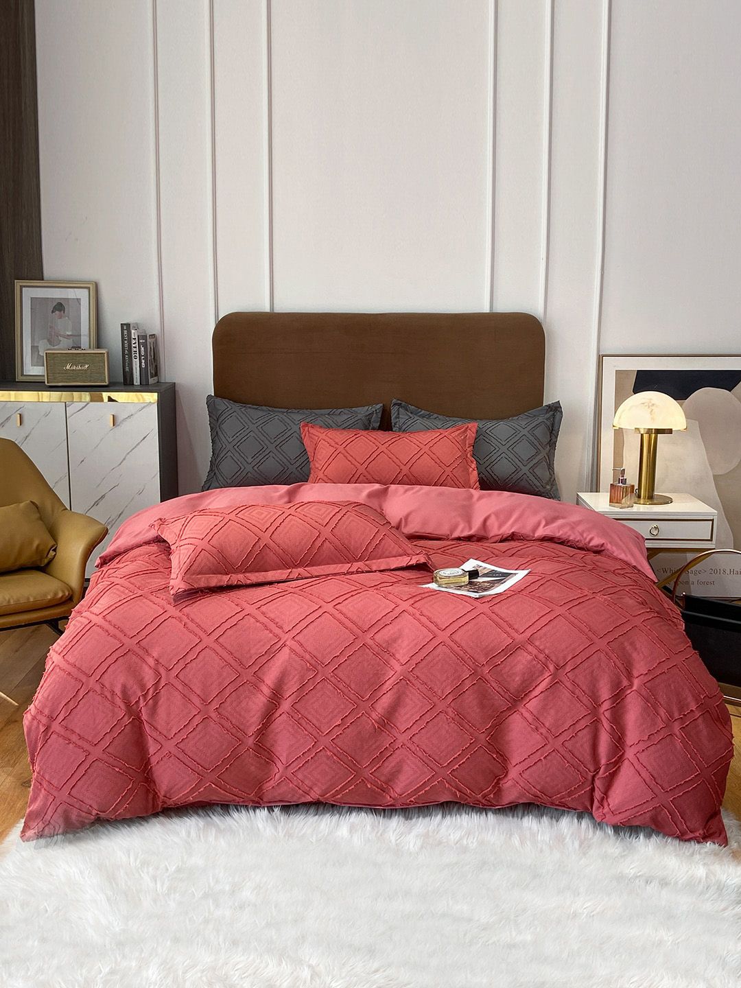 JC Collection Peach Self Design Double King Bedding Set Price in India