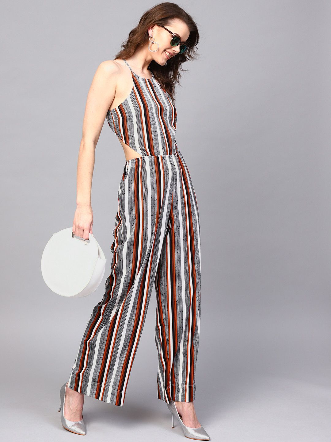 SASSAFRAS White & Black Striped Basic Jumpsuit Price in India