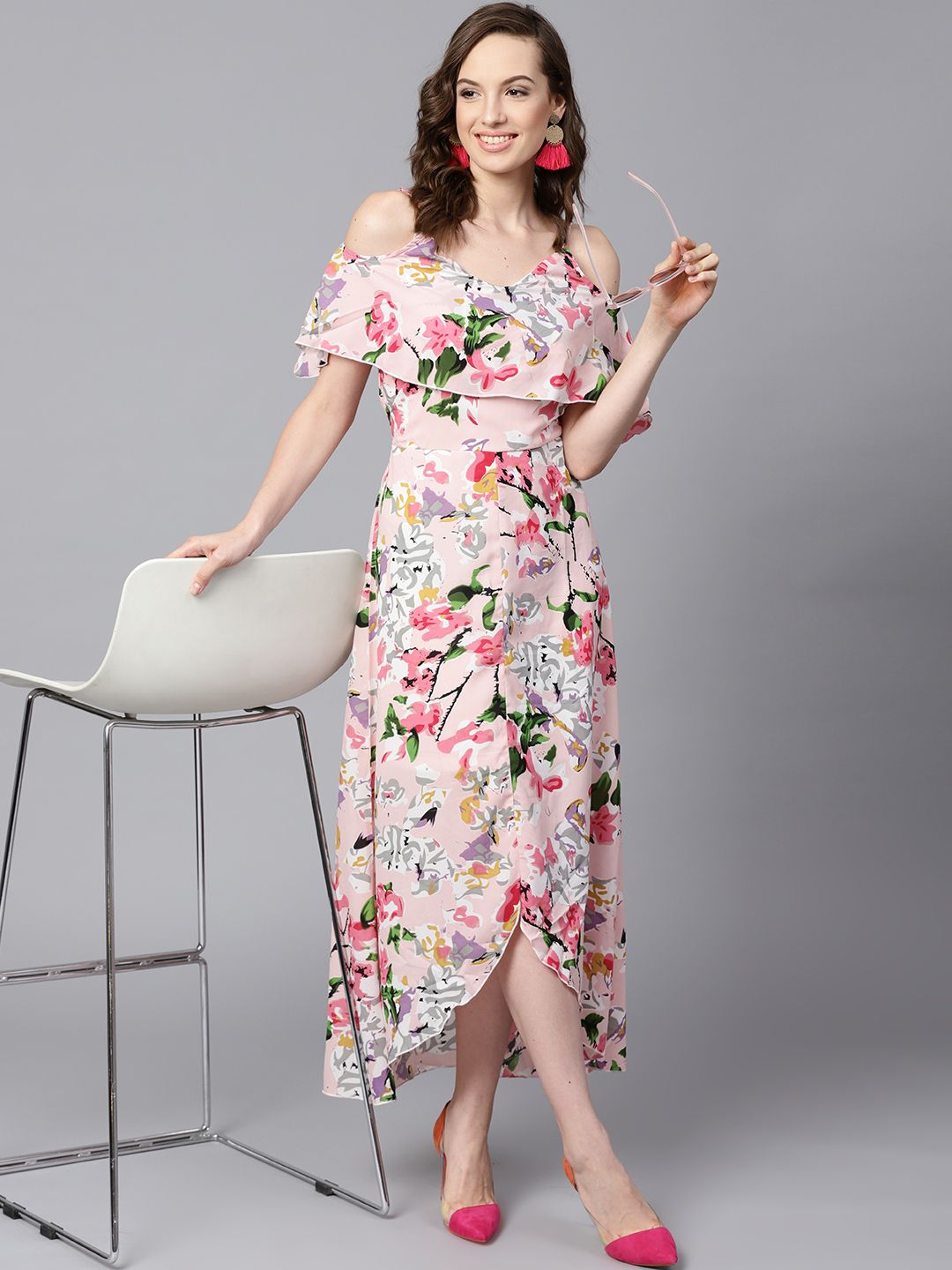 SASSAFRAS Pink Floral Printed Layered High-Low Maxi Dress Price in India