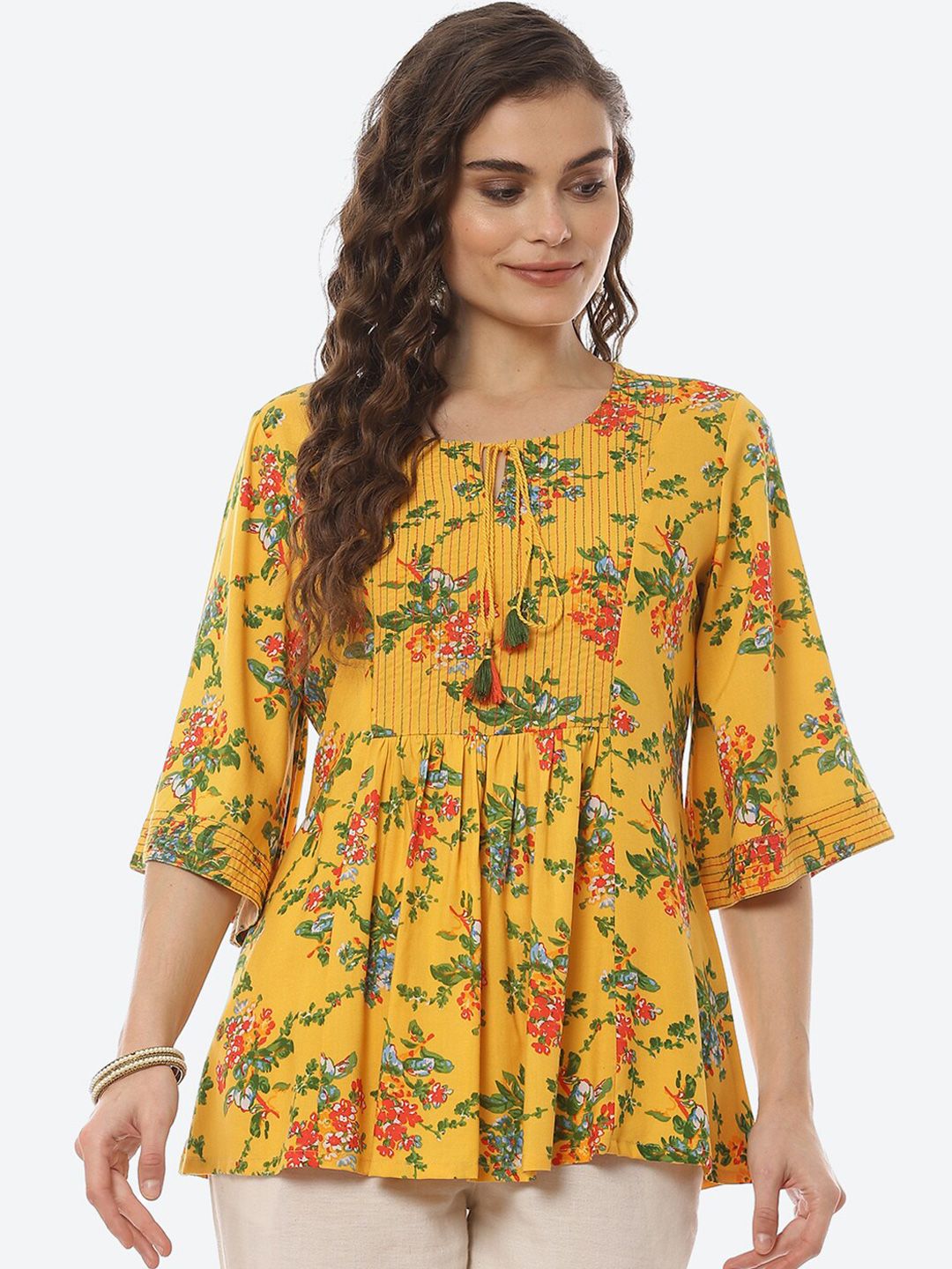 Rangriti Women Yellow Floral Print Tie-Up Neck Top