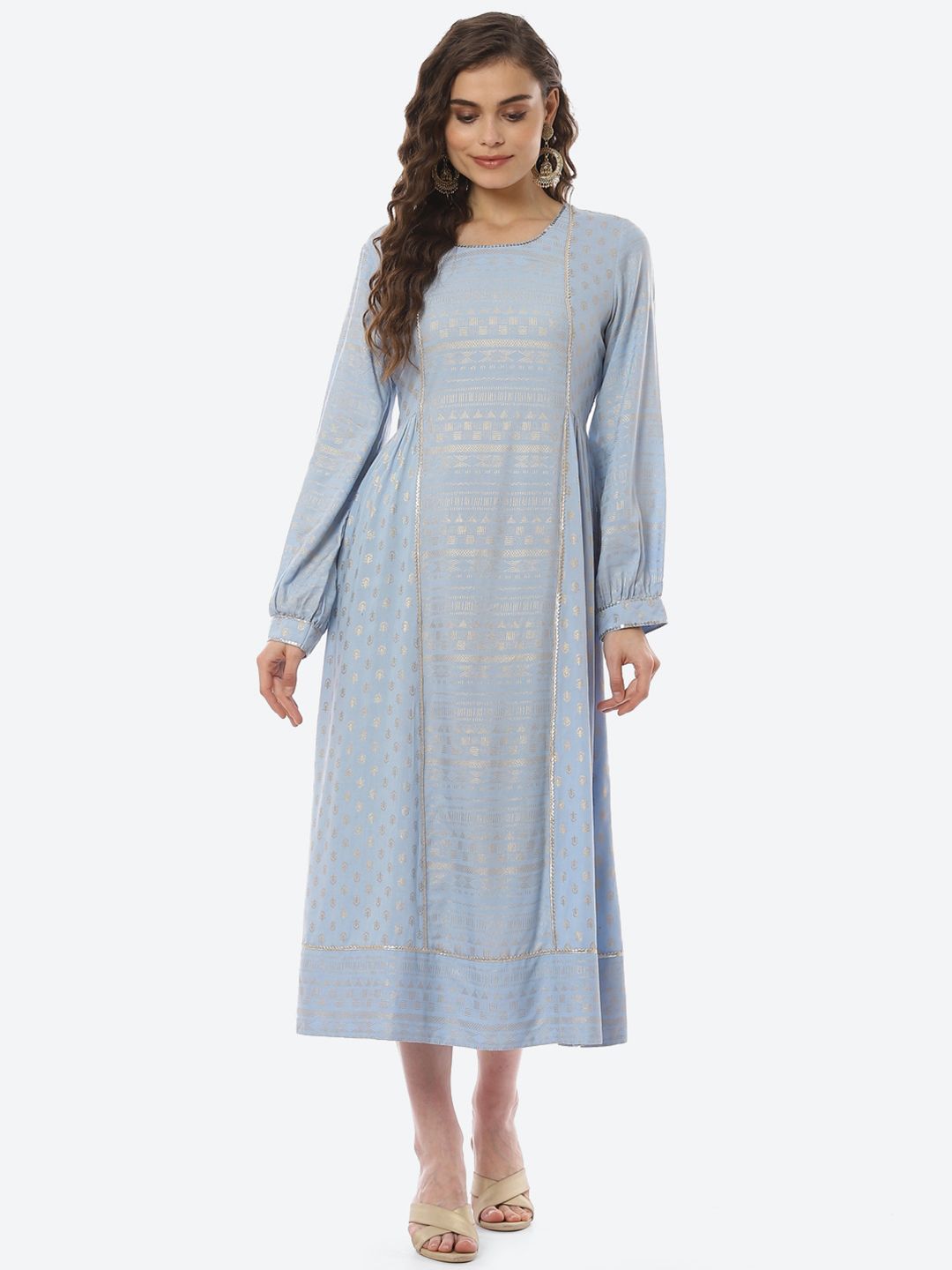 Rangriti Women Blue Ethnic Motifs Ethnic A-Line Midi Dress Price in India
