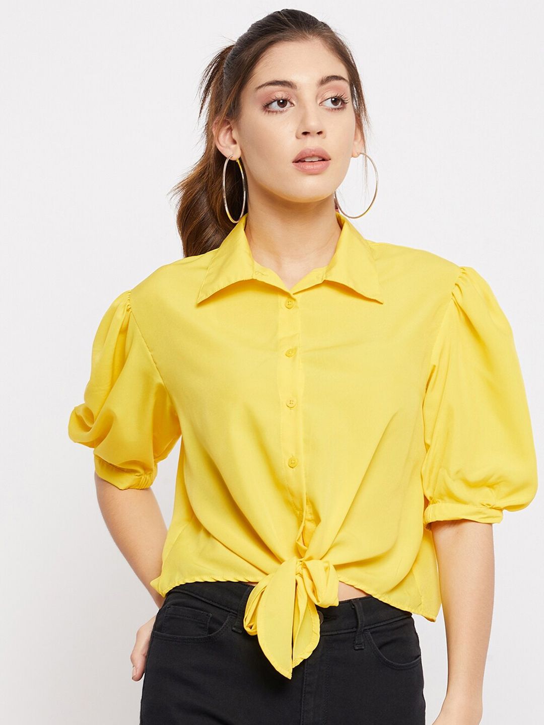 Color Cocktail Women Mustard Yellow Crepe Shirt Style Crop Top Price in India