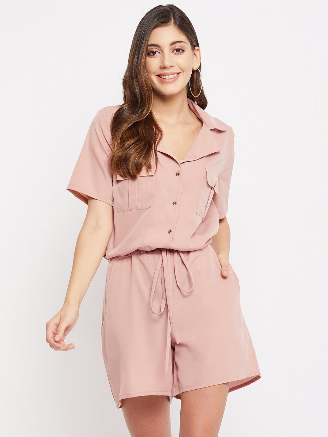 Color Cocktail Women Pink Flap Pocket Playsuit Price in India