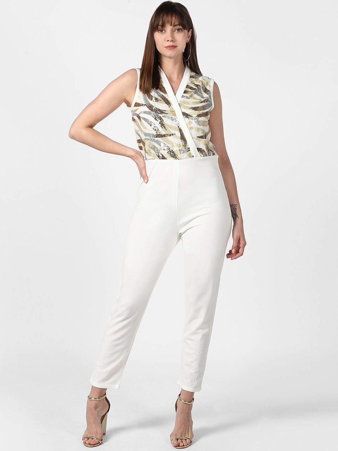 StyleStone White Basic Jumpsuit with Embellished Price in India