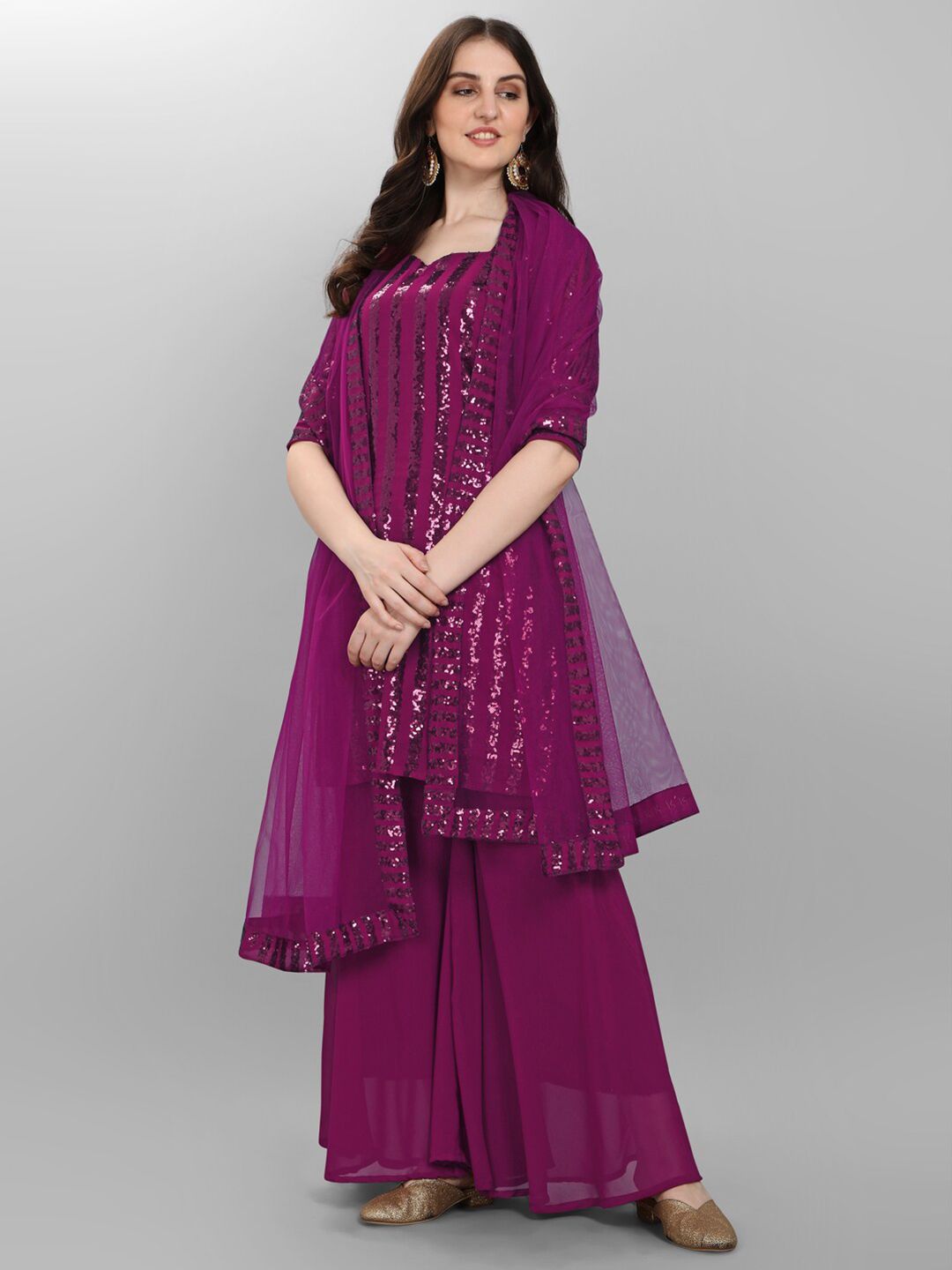 JATRIQQ Purple Embroidered Sequined Silk Georgette Semi-Stitched Dress Material Price in India
