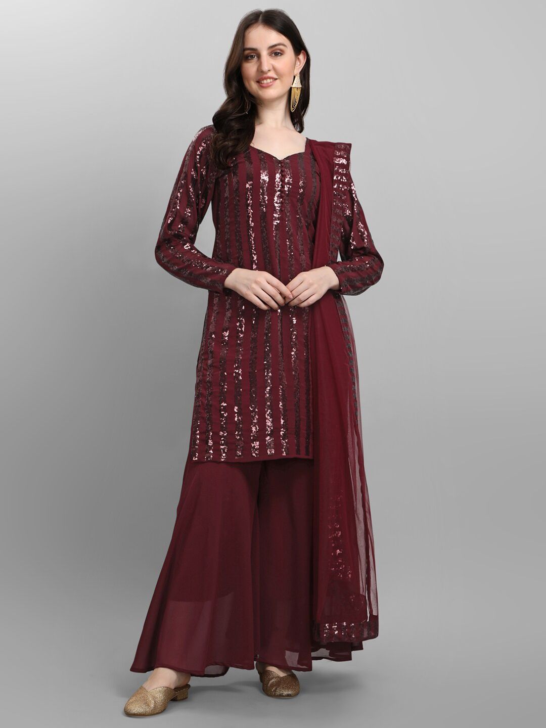 JATRIQQ Maroon Embellished Silk Georgette Semi-Stitched Dress Material Price in India