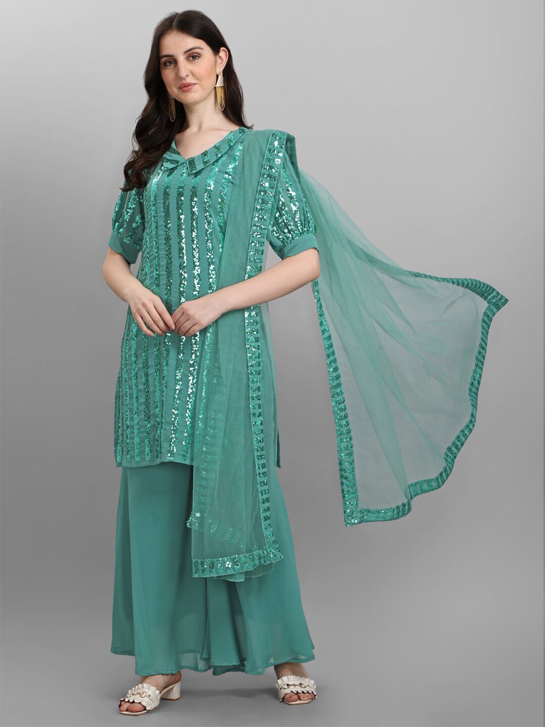 JATRIQQ Turquoise Blue Embellished Silk Georgette Semi-Stitched Dress Material Price in India