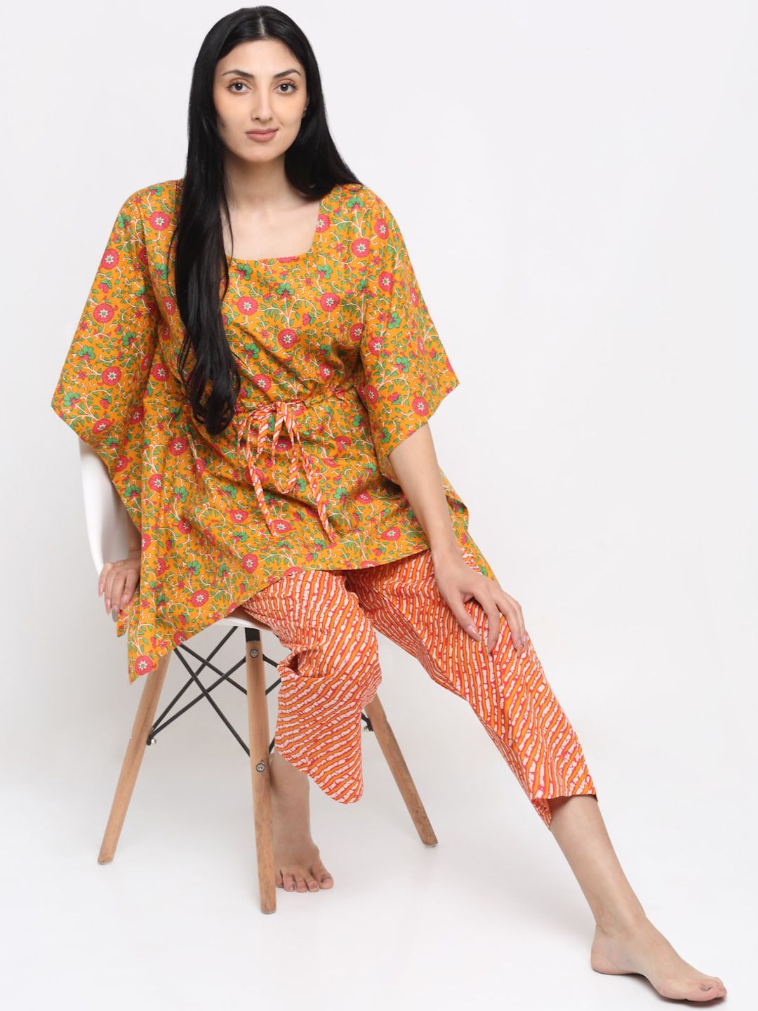 NEUDIS Women Yellow & Green Printed Pure Cotton Kaftan Night suit Price in India