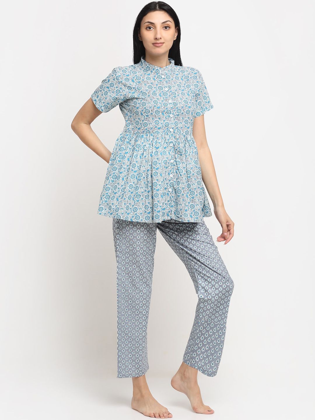 NEUDIS Women Blue & Grey Cotton Printed Nightsuit Price in India