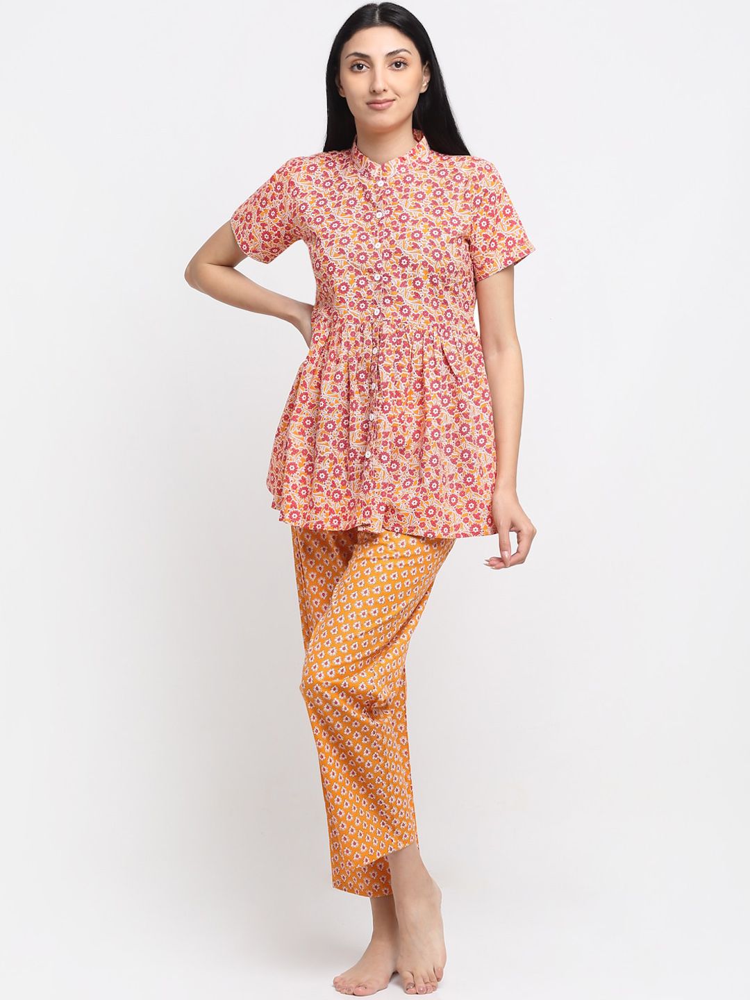 NEUDIS Women Yellow & Pink Cotton Printed Nightsuit Price in India