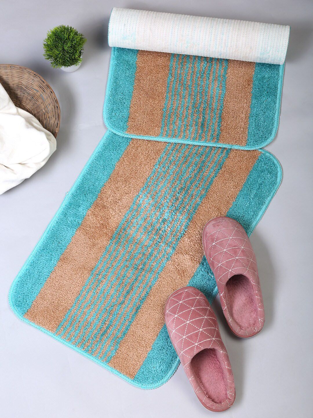 HOSTA HOMES Set of 2 Turquoise Blue & Peach Striped Anti-Skid Doormat Price in India