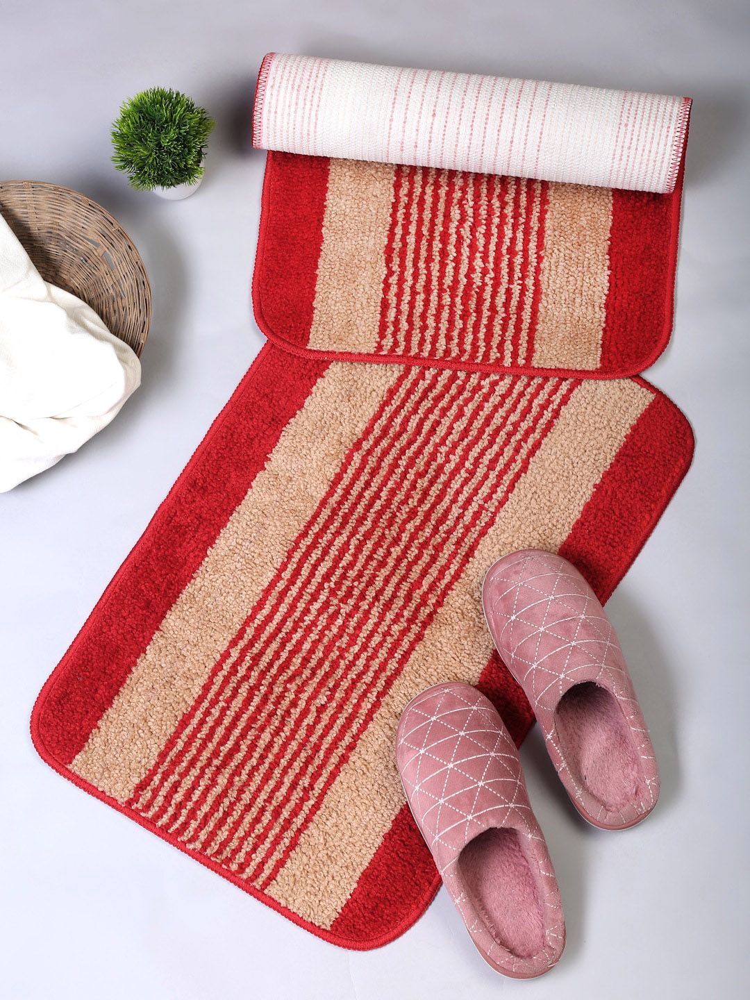 HOSTA HOMES Set of 2 Red & Beige Striped Anti-Skid Cotton Doormats Price in India