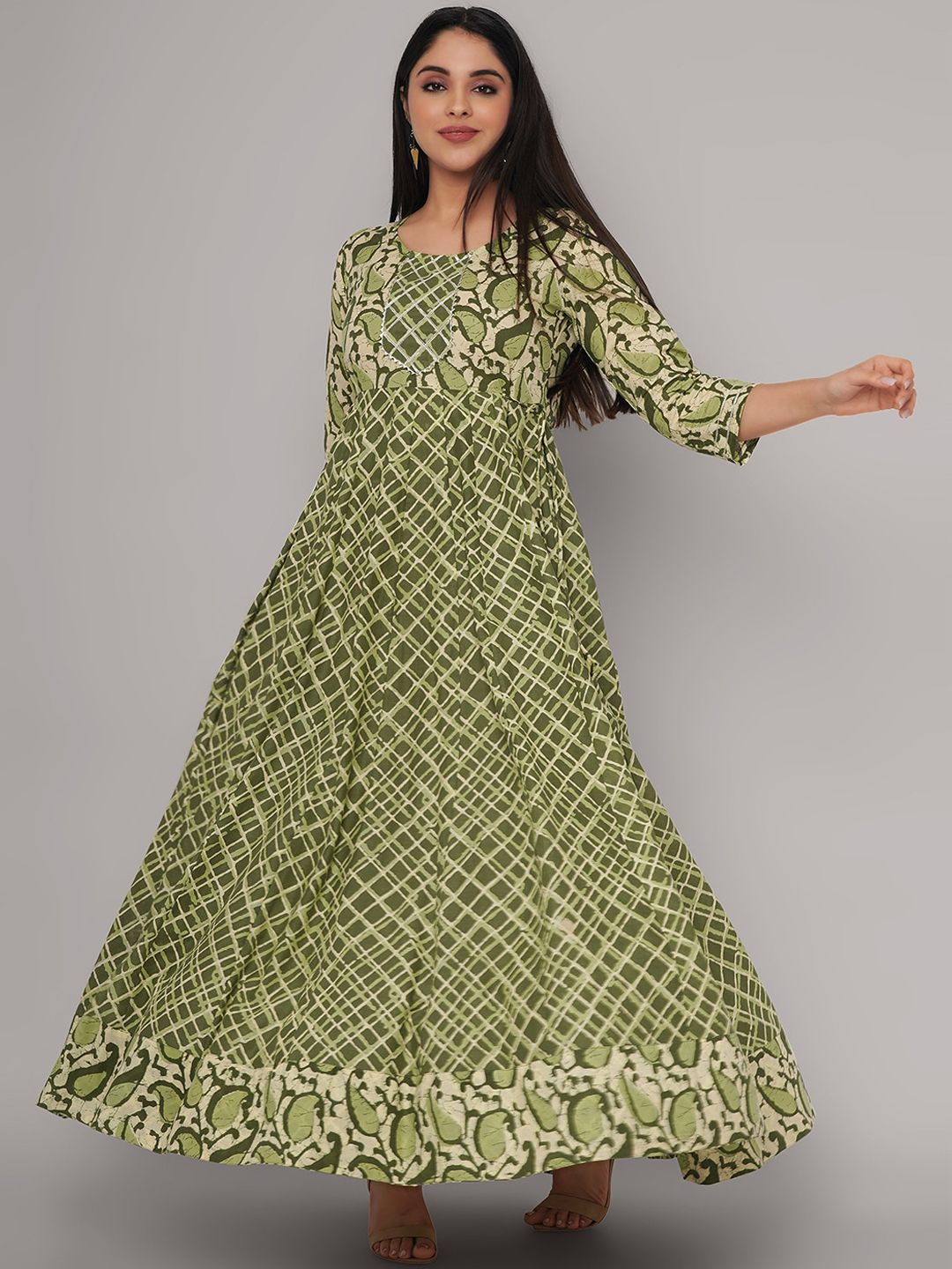 Sanganeri Kurti Women Green Paisley Printed Anarkali Kurta Price in India