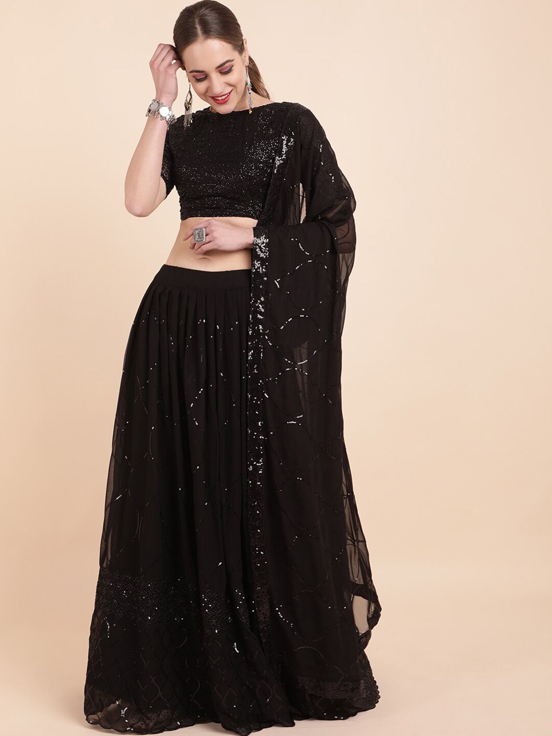 Sangria Black Embellished Sequinned Ready to Wear Lehenga & Semi-Stitched Blouse With Dupatta Price in India