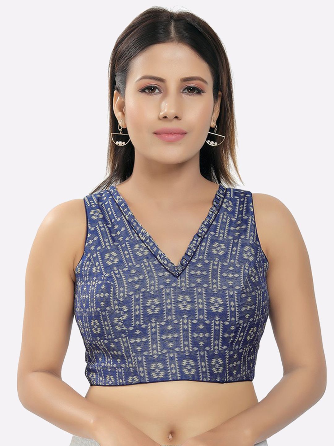 SALWAR STUDIO Women Navy Blue Printed Cotton Readymade Saree Blouse Price in India