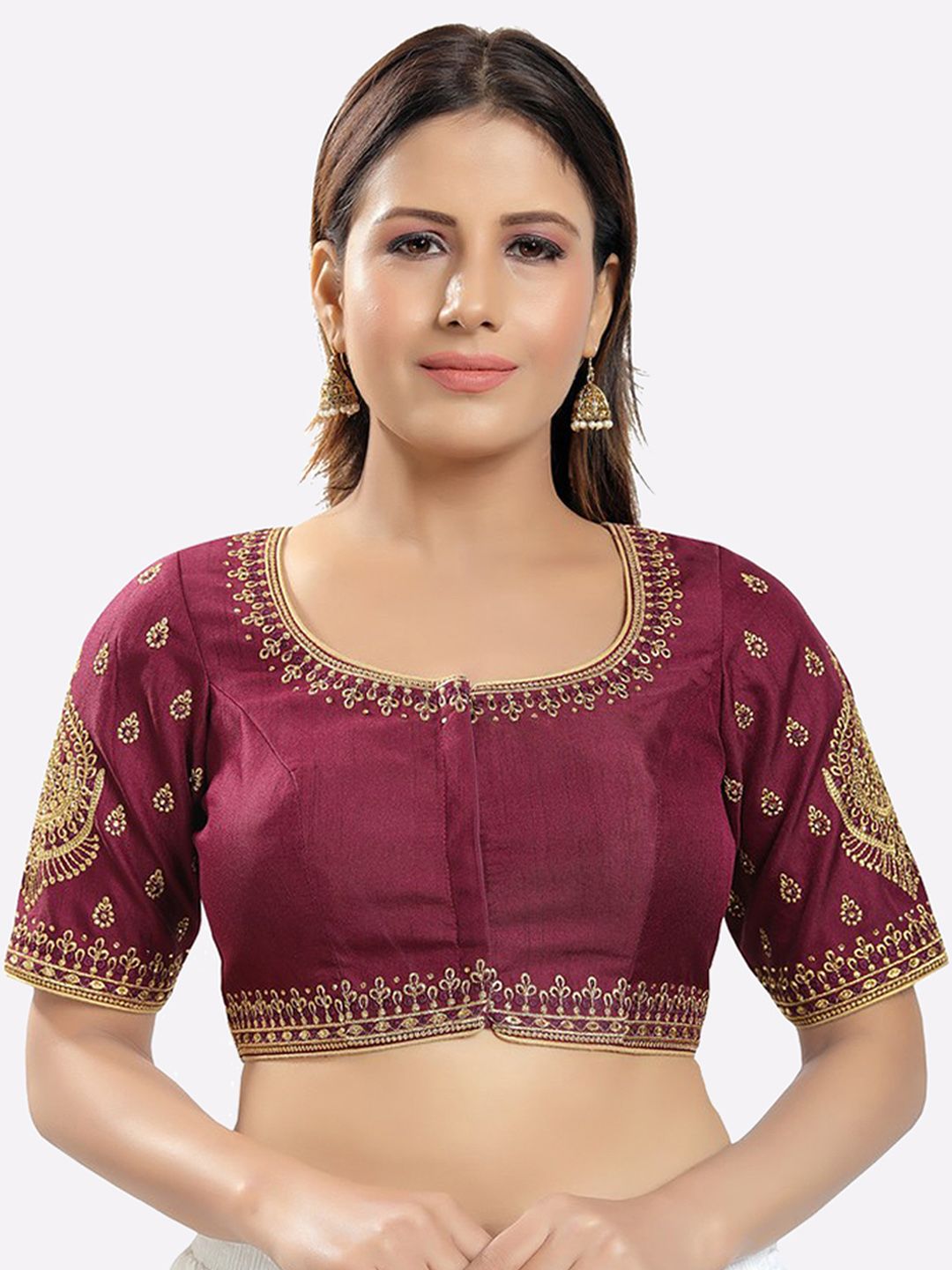 SALWAR STUDIO Women Purple Embroidered Readymade Saree Blouse Price in India