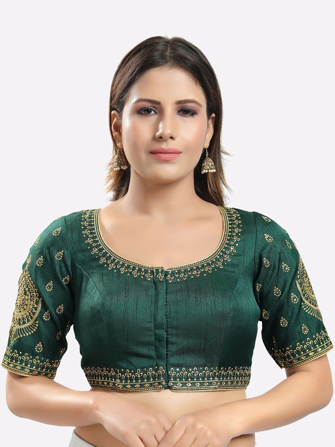 SALWAR STUDIO Women Green Embroidered Readymade Saree Blouse Price in India