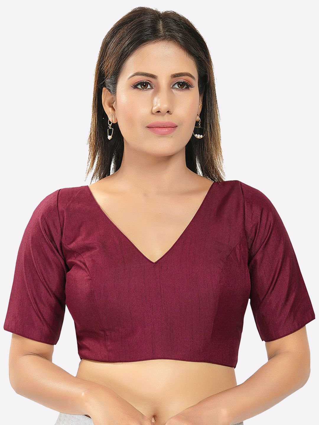 SALWAR STUDIO Women Maroon Solid Readymade Silk Saree Blouse Price in India