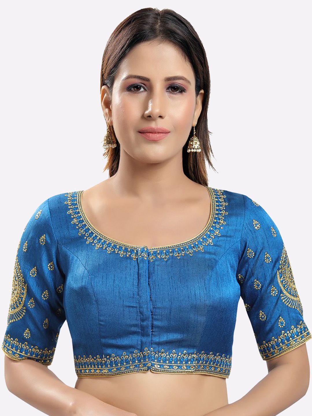 SALWAR STUDIO Women Cobalt Blue Jain Silk Embroidered Readymade Saree Blouse Price in India