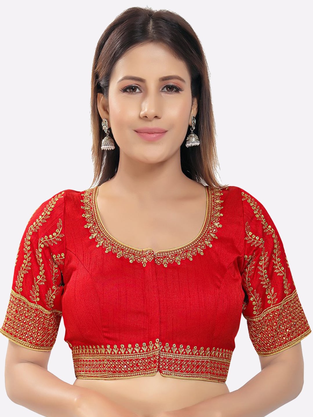 SALWAR STUDIO Women Red Embroidered Ready Made Saree Blouse Price in India