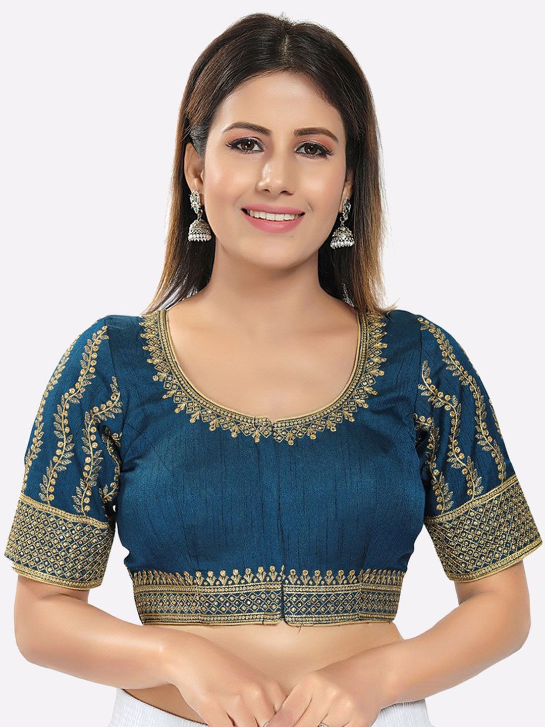 SALWAR STUDIO Women Blue Embroidered Readymade Silk Blouse Price in India